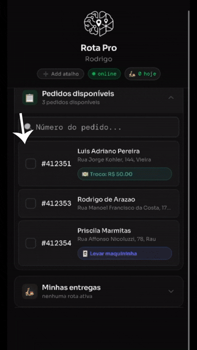 App Rota Pro — motoboy gerando rota